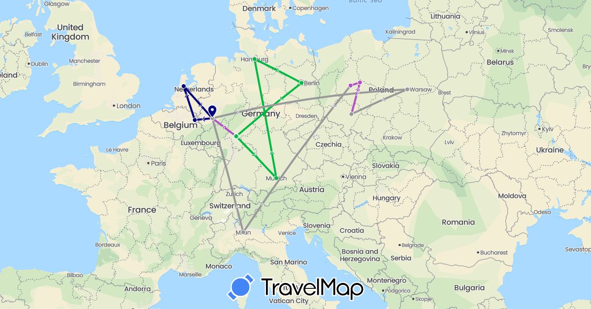 TravelMap itinerary: driving, bus, plane, train in Germany, Italy, Netherlands, Poland (Europe)